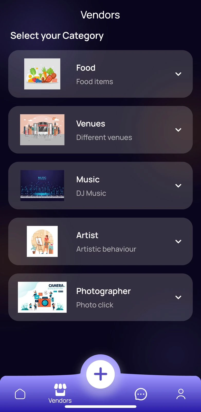 Dark mobile app &lsquo;Vendors&rsquo; screen &mdash; &lsquo;Select your Category&rsquo; with Food, Venues, Music, Artist and Photographer &mdash; built during my work at Balihans