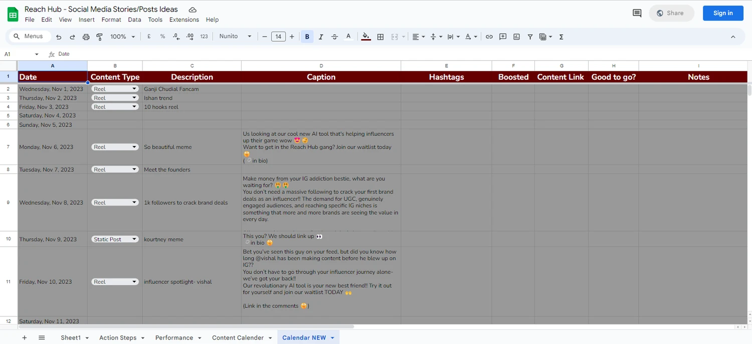 Reach Hub social-media content calendar: columns for Date, Content Type, Description, Caption, Hashtags, Boosted, Content Link and &lsquo;Good to go?&rsquo; status