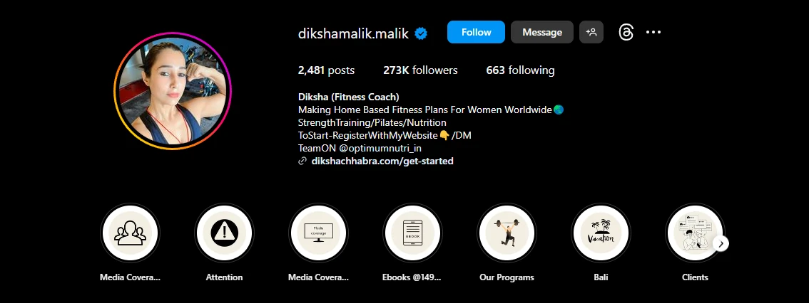 Verified Instagram profile of a fitness influencer with 273K followers, managed as social-media strategist